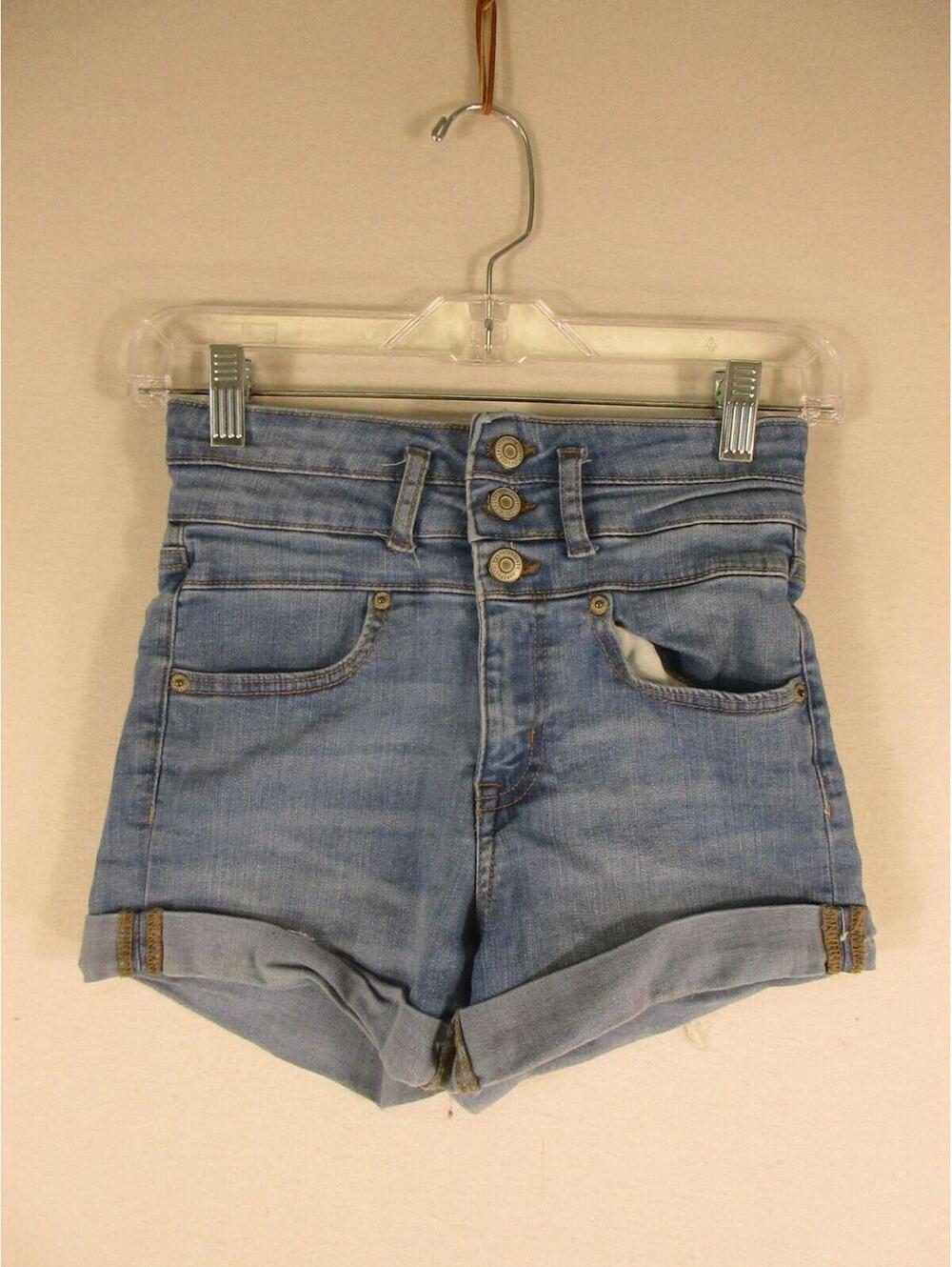 AERO Denim Shorts Womens 2 High Waist Triple Button Light Blue Rolled Frayed Hem